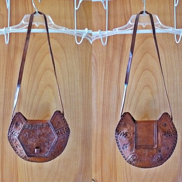 Hand Crafted Tooled Leather Shoulder Bag in Unique Hexagon Shape - Picture 3 of 15